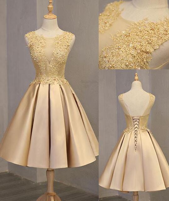 Cute Gold Lace Short Homecoming Dresses