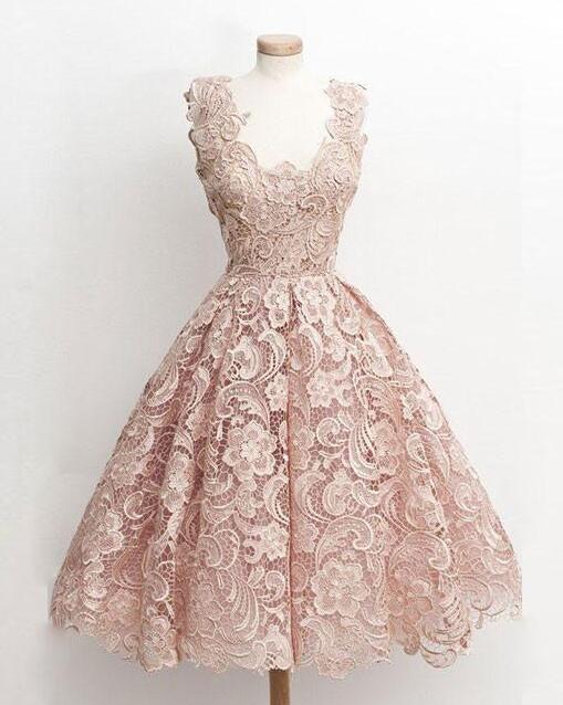 Cute Light Pink Lace Short Prom Dresses