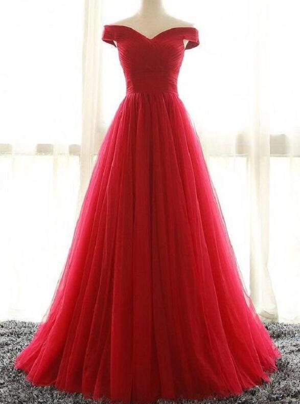 Off The Shoulder A Line Red Prom Dress Long Tulle Prom Dress