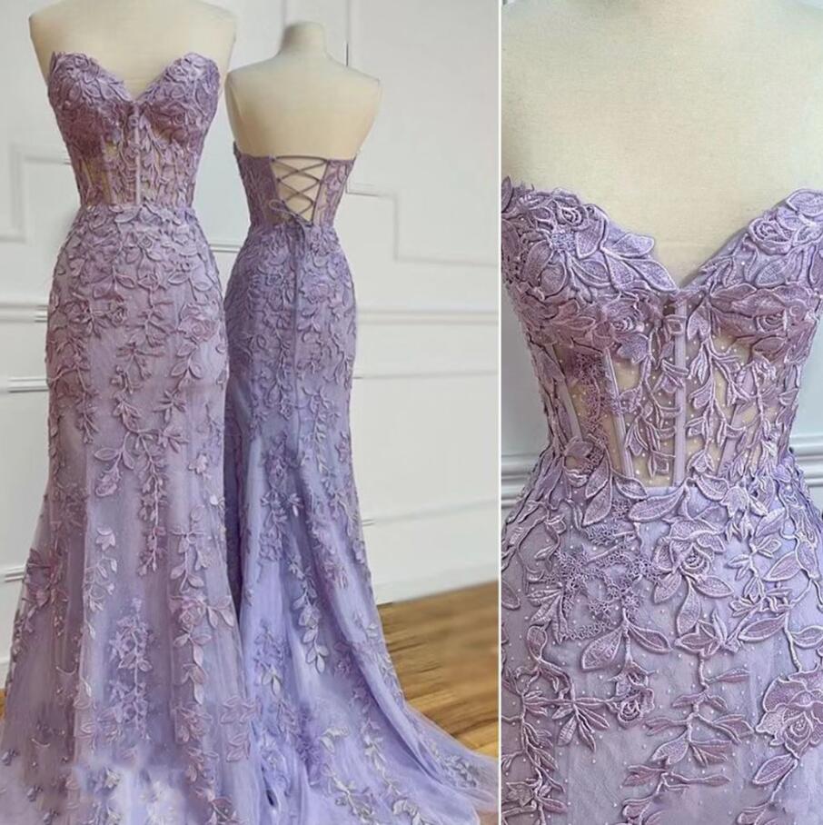 A Line Sweetheart Lavender Prom Dresses With Lace Appliques