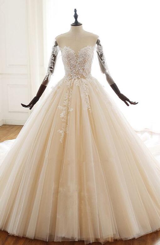 Mermaid Champagne Long Sleeves Tulle Wedding Dress With Lace Appliques