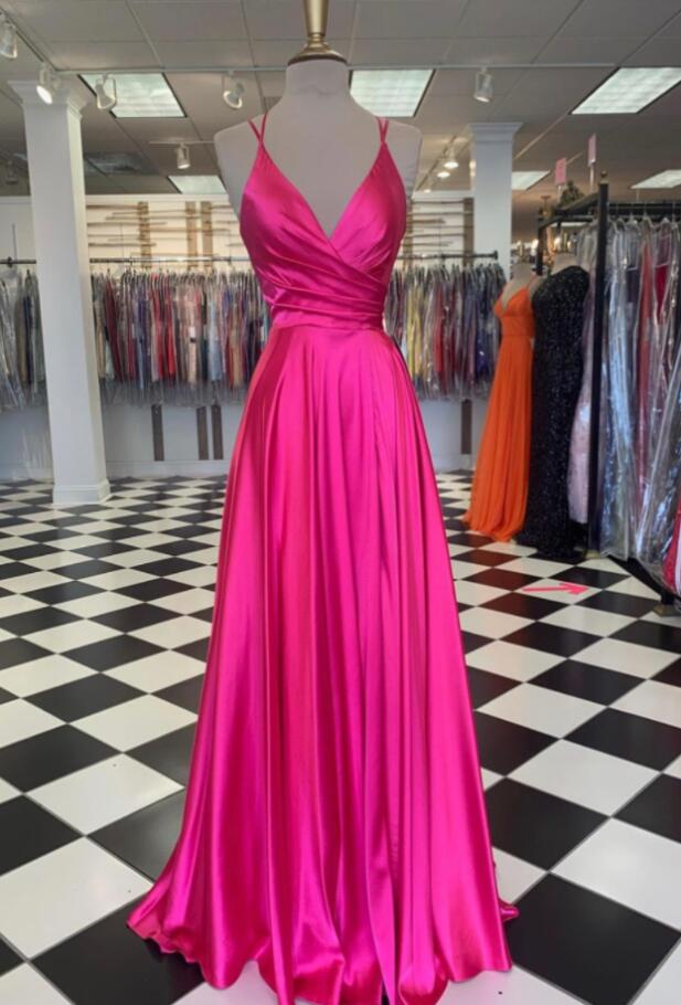 Simple A Line Pink V Neck Satin Evening Dresses