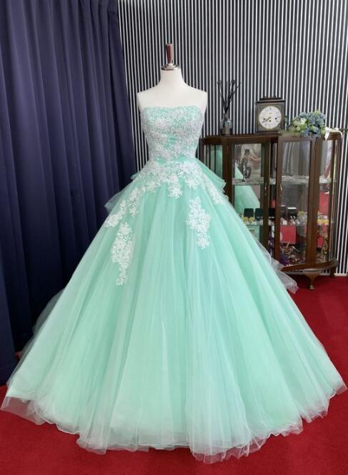Strapless A Line Tulle Prom Dress With Lace