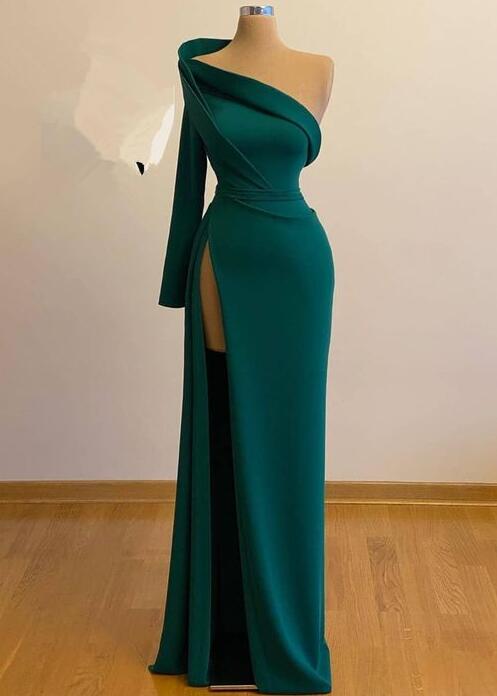 One Shoulder A Line Long Green Prom Gown With Slit