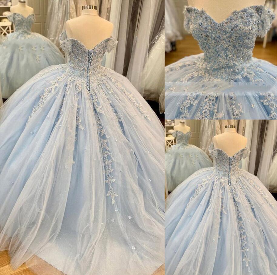 Ball Gown Off Shoulder Light Sky Blue Prom Dresses Birthday Gown With Lace