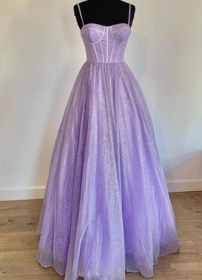 Spaghetti Straps A Line Sparkly Lavender Prom Dresses