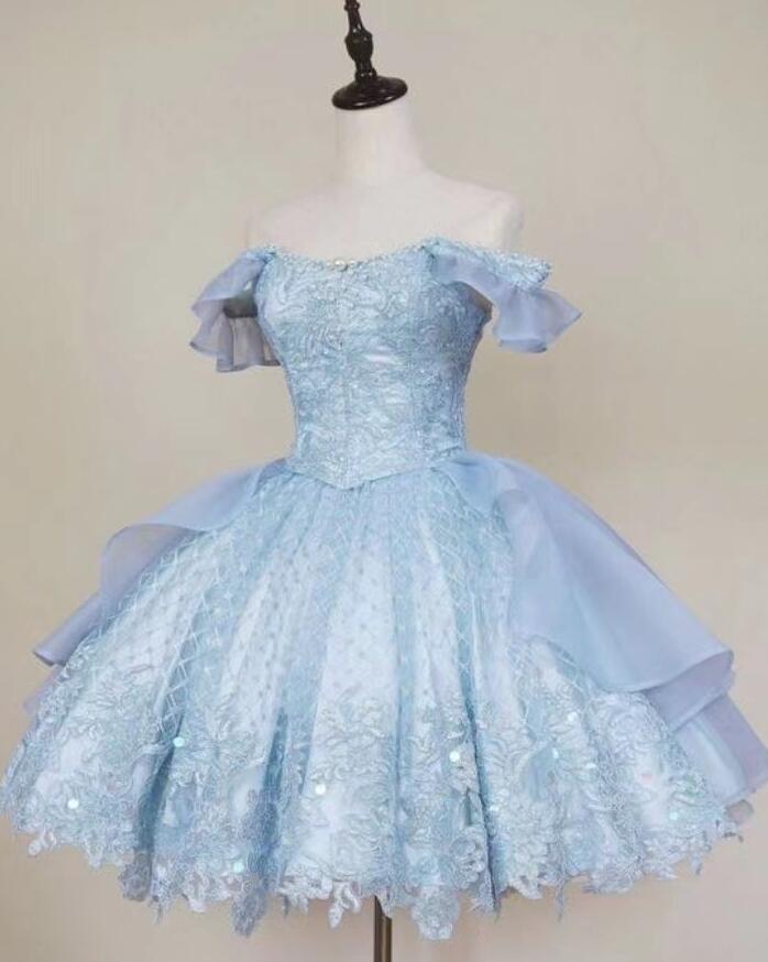 Beautiful Off Shoulder Blue Homecoming Dresses With Lace
