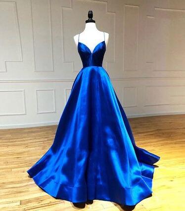 Spaghetti Straps Royal Blue V-neck Evening Dress