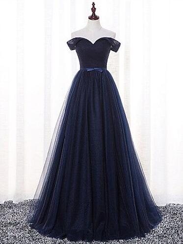 Elegant A-line Off-shoulder Navy Blue Prom Dresses