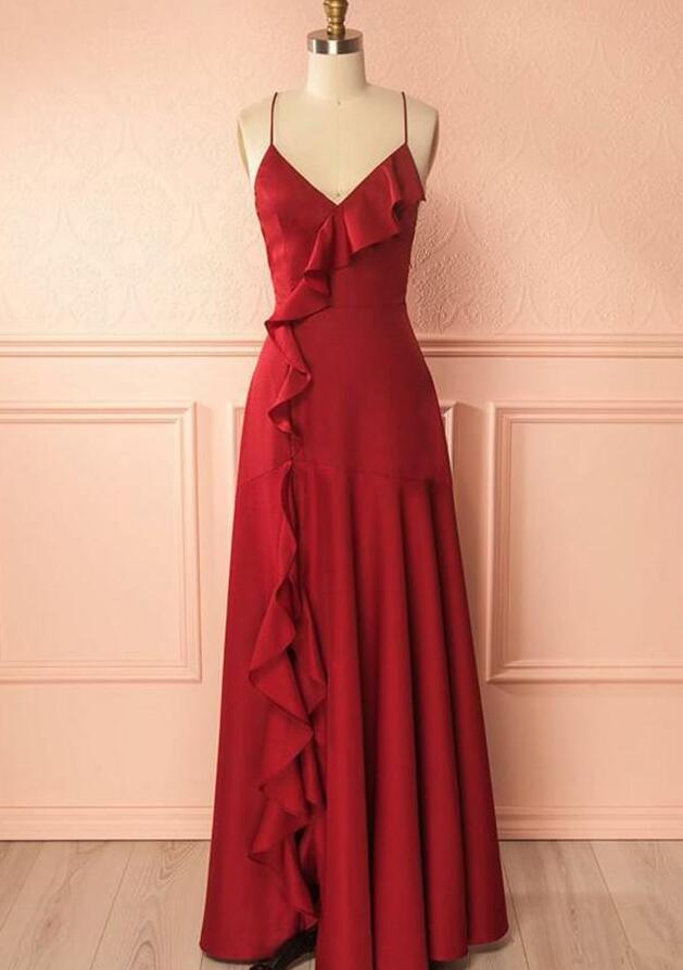 Spaghetti Straps Red Satin Prom Dresses With Ruffles Side Slit