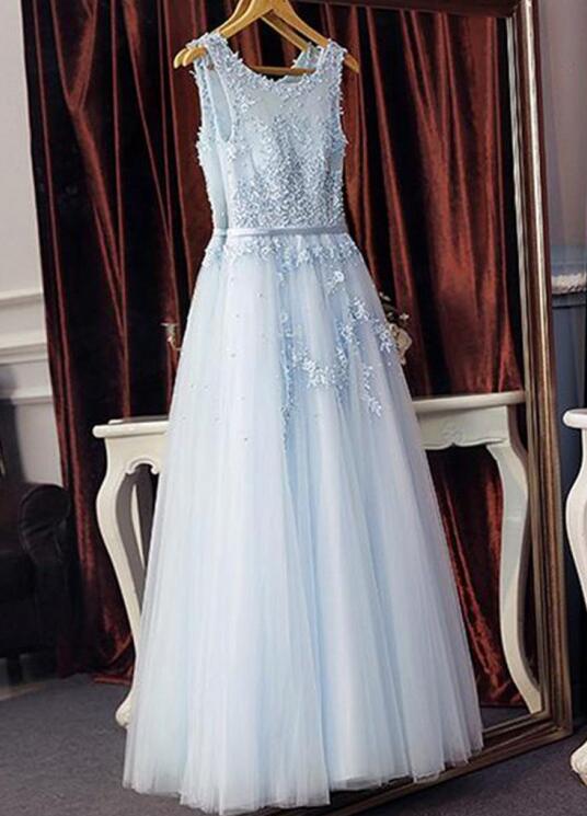 A Line Blue Lace Prom Dresses