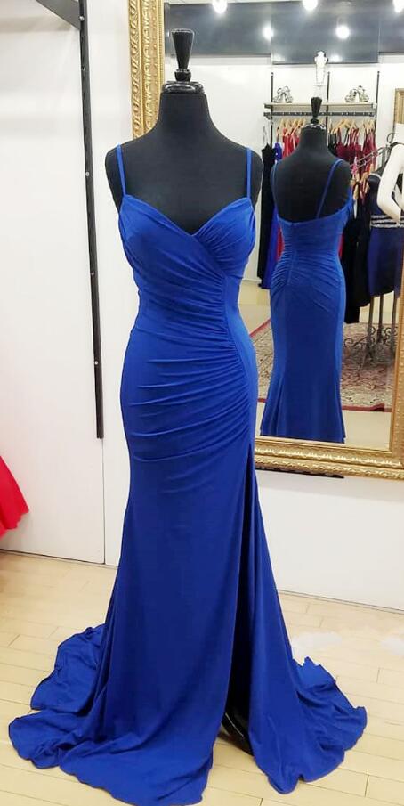 Spaghetti Straps Split Front Royal Blue Long Prom Dresses