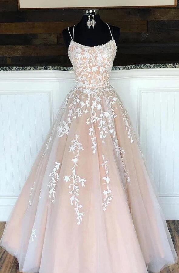 Spaghetti Straps A Line Tulle Lace Up Appliques Prom Dresses