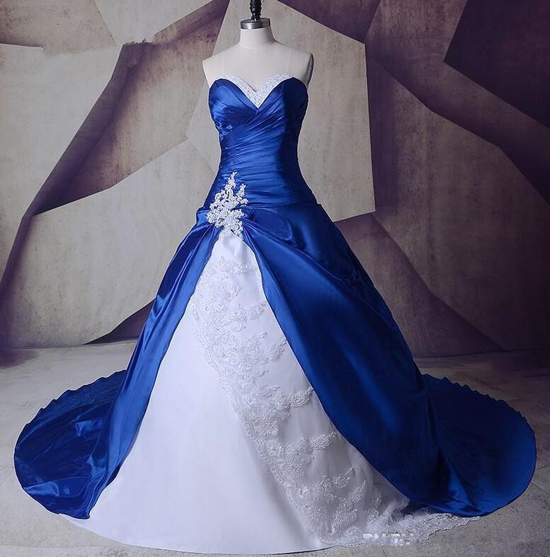 Vintage Sweetheart Royal Blue White Wedding Dresses Sleeveless Bridal Gowns