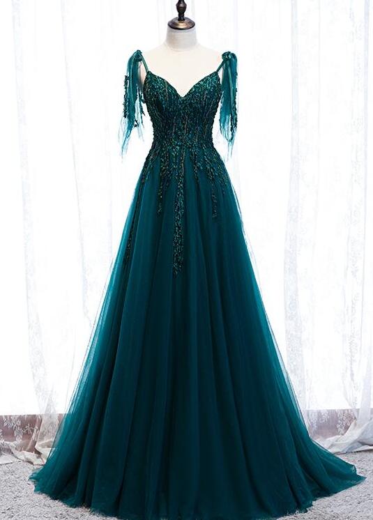 A-line Straps Tulle Teal Blue Long Evening Dress