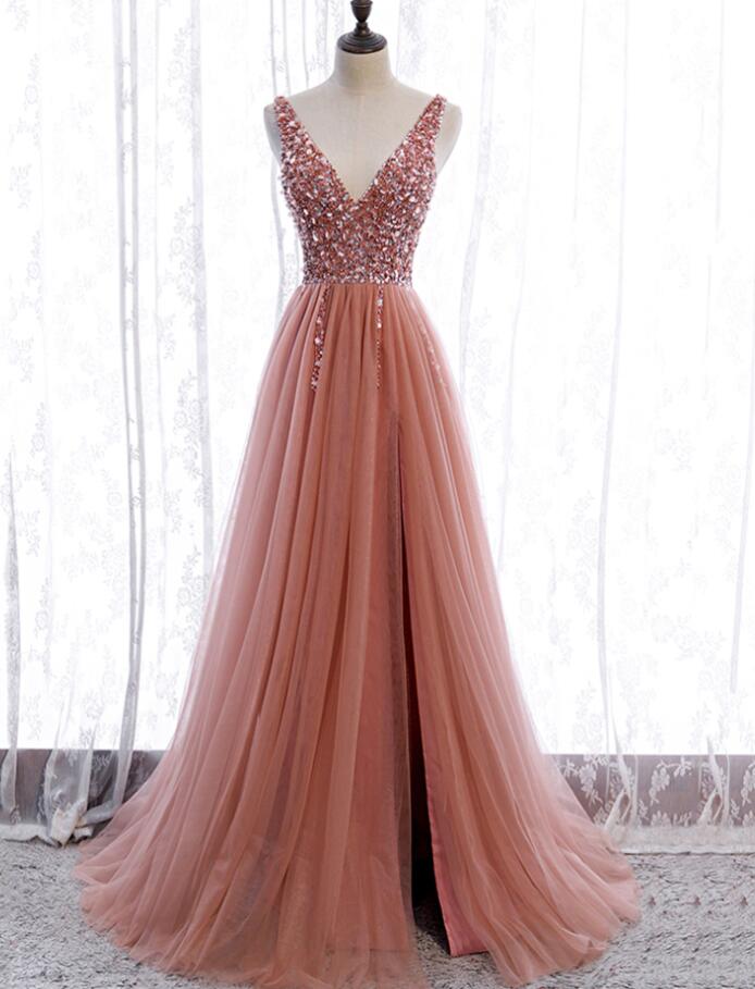 Mermaid Tulle Pink V Neck Beads Prom Dress