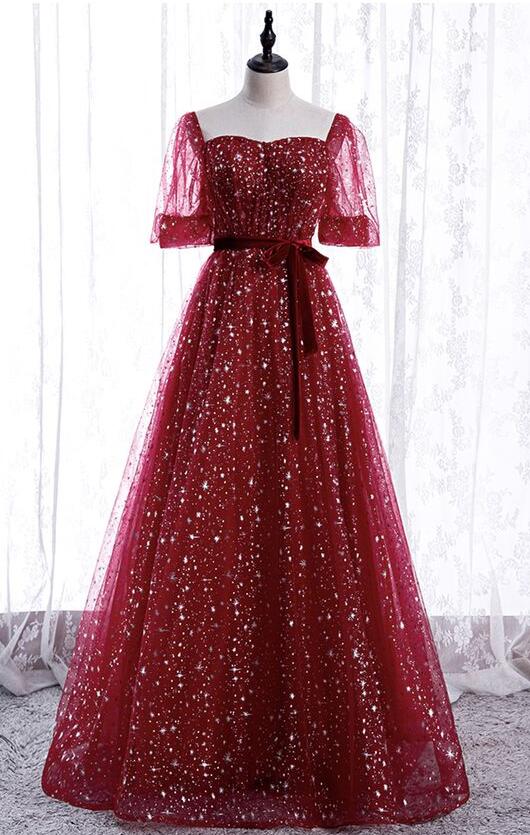 A Line Burgundy Tulle Prom Dress LBQ1223
