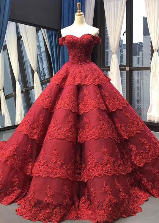 Mermaid Vintage Burgundy Lace Ball Gown Prom Dresses