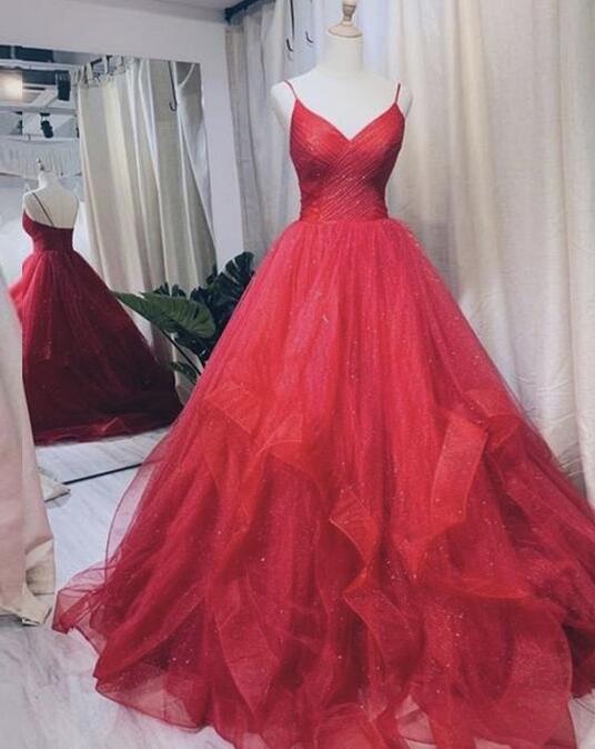 A Line Red V Neck Tulle Long Prom Evening Dress