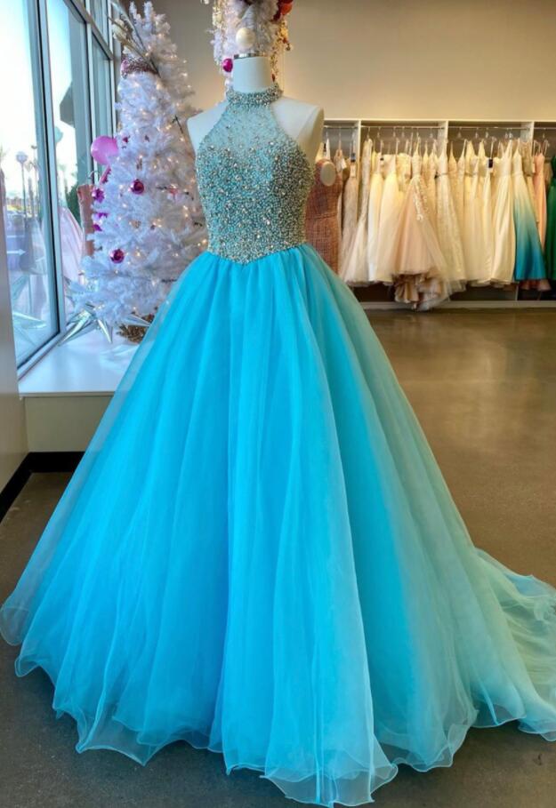 Vintage Blue Tulle Beads Long Prom Dresses