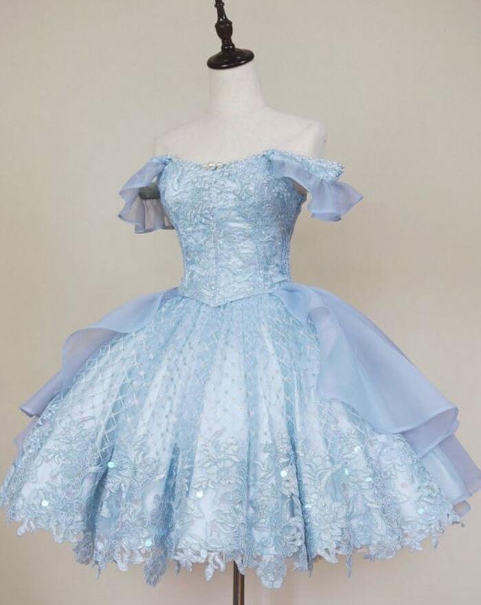 Vintage Off The Shoulder Blue Lace Homecoming Dresses