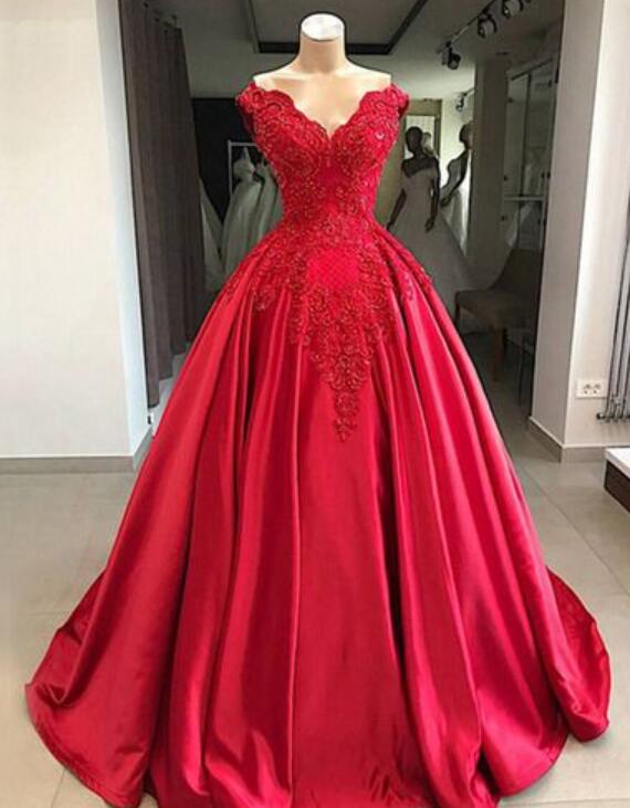 A Line V Neck Red Satin Prom Dress