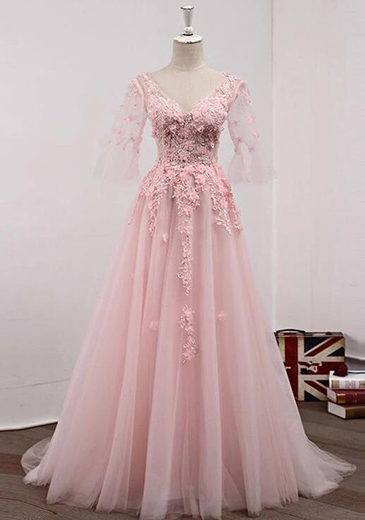 A Line Pink Tulle Prom Dress Lace Applique