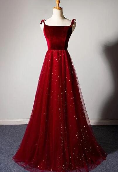 A Line Dark Red Tulle Prom Dress With Velvet