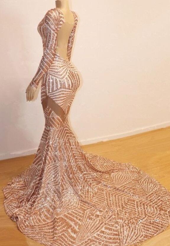 Mermaid Long Sleeves Sequin Backless Prom Dresses