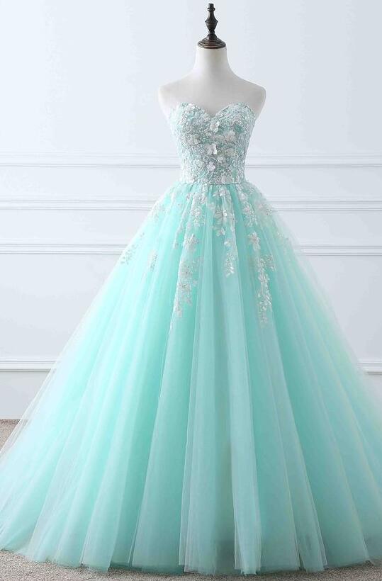 Light Blue Tulle Long Sleeves with Flowers, Blue Junior Prom Dresses