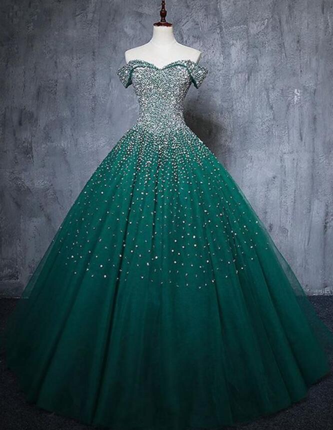 Off The Shoulder Dark Green Prom Dress With Beaded