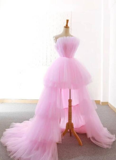 Sexy High Low Pink Tulle Prom Dresses With Ruched