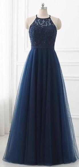 A Line Sleeveless Navy Blue Lace Tulle Evening Dress