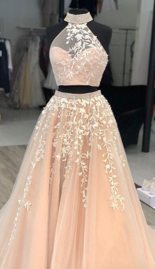 Two Piece A Line Long Prom Dress With Lace