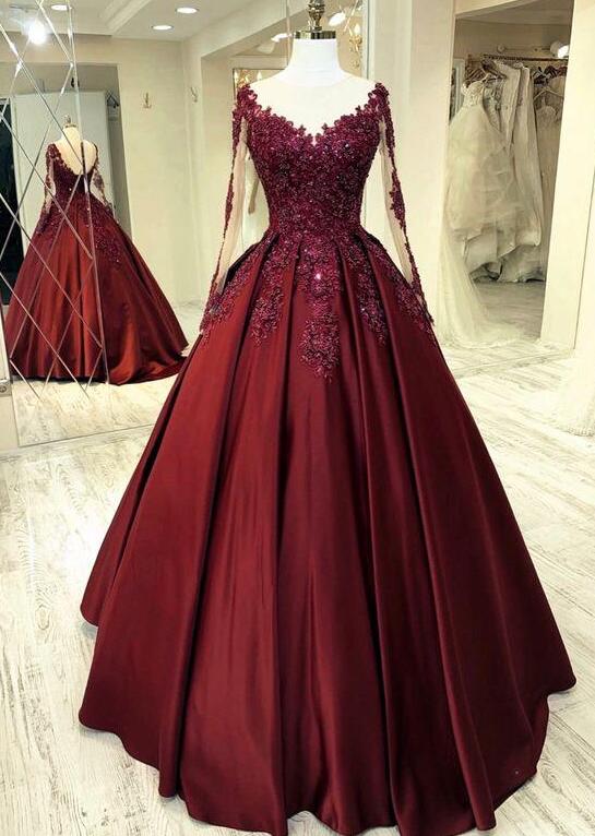 Burgundy Luxury Prom Dress With Long Sleeves