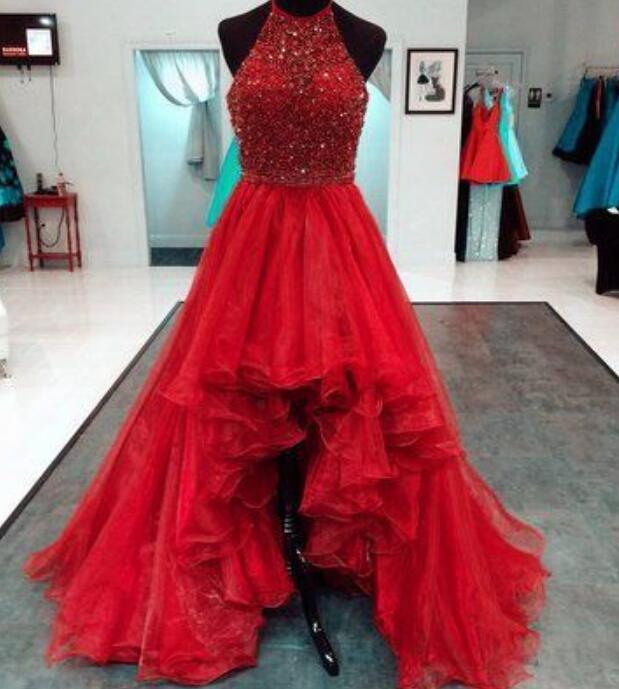 Halter High Low Red Beaded Prom Dresses