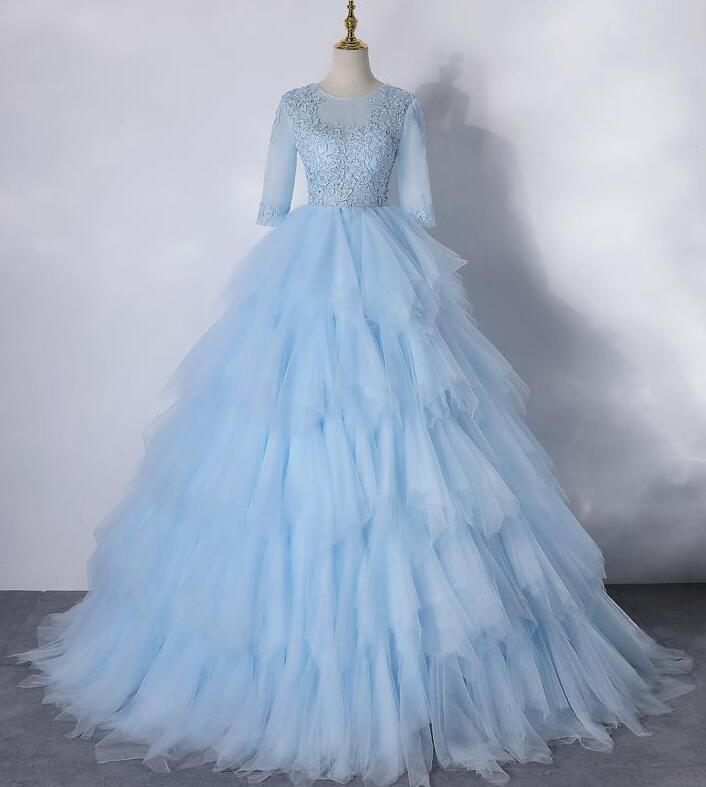 Light Blue Short Sleeves A Line Tulle Prom Dress With Lace