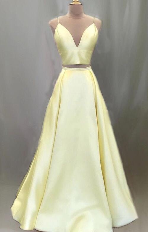 light yellow two piece prom dress Bright Yellow Two Pieces Halter Neck Prom Dresses Beadings High Slit Party Dresses,MP493