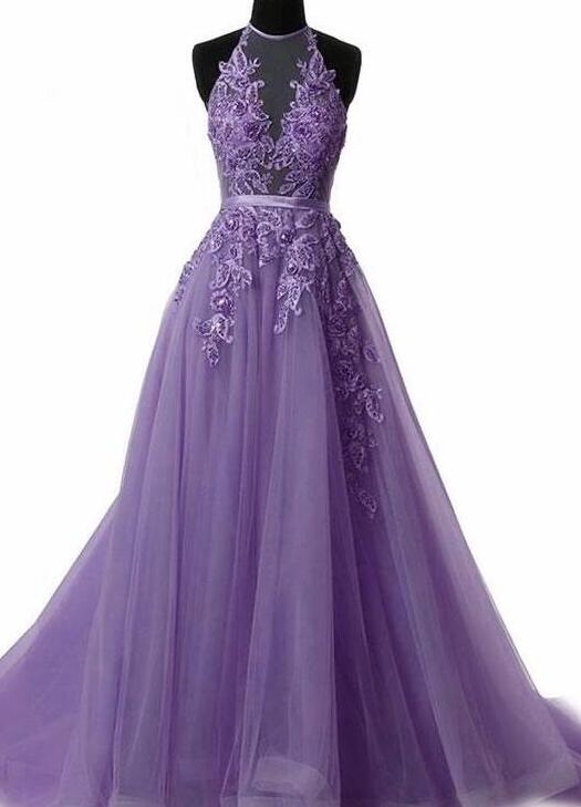 strapless open back dress Lavender Sparkly Tiered Tulle Wedding Gown Halter Neck Quinceanera Dre   Viniodress