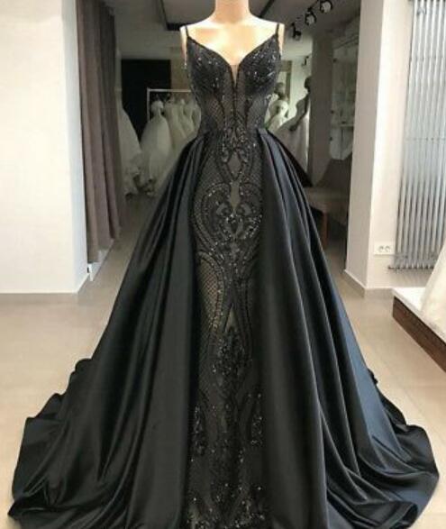 Detachable Black Satin Prom Evening Dresses