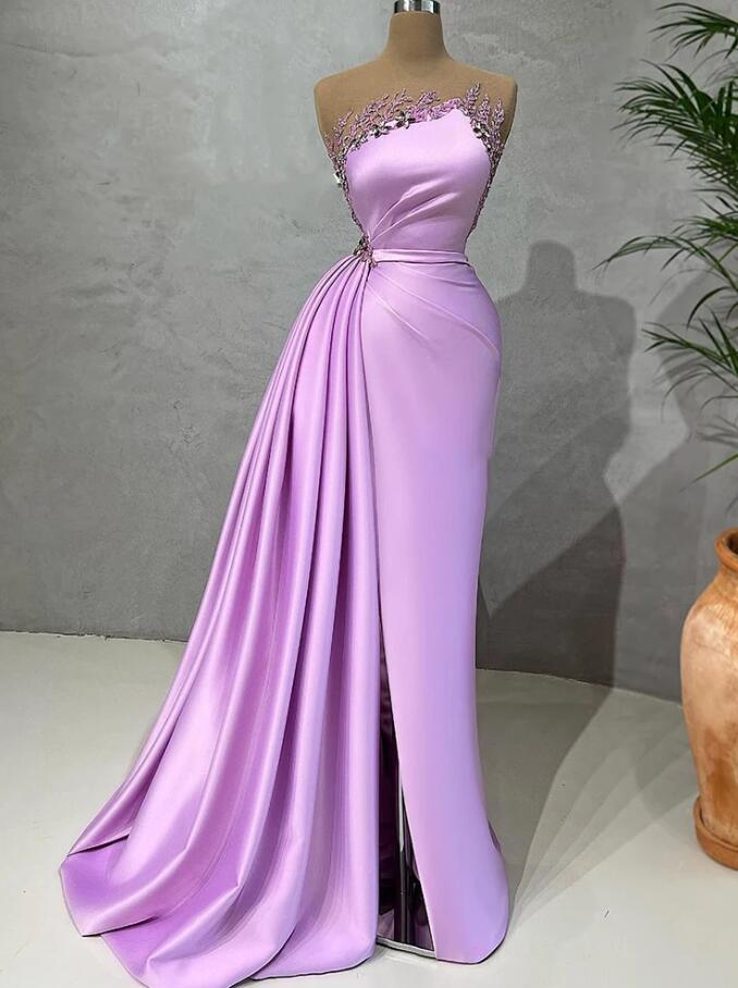 Sheer Neck Long Split Evening Gown With Beads