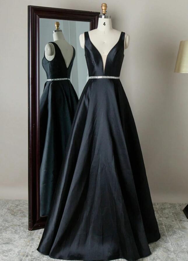 Simple A Line Satin Black Prom Dress