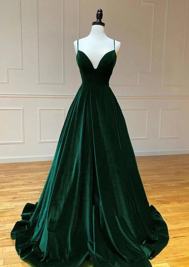 A Line V Neck Dark Green Velvet Long Prom Dresses A Line V Neck Dark Green Velvet Long Prom Dresses