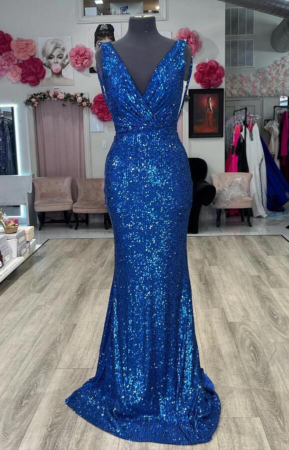 knee length dresses for ladies Sequin-Print Tight Long Prom Dress with Open Back Royal Blue / Medium