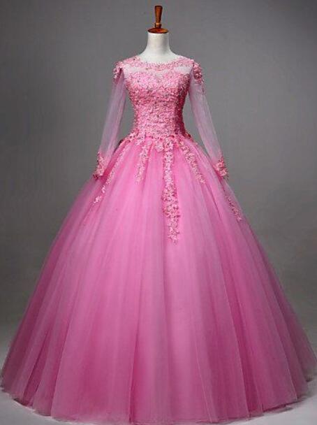 A Line Pink Lace Appliques Ball Gown Prom Dresses