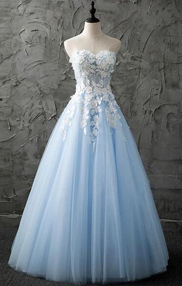 Floor Length Sweetheart Blue Tulle Evening Dress With Appliques