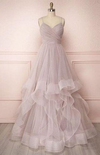 Simple V Neck Layered Tulle Prom Dress