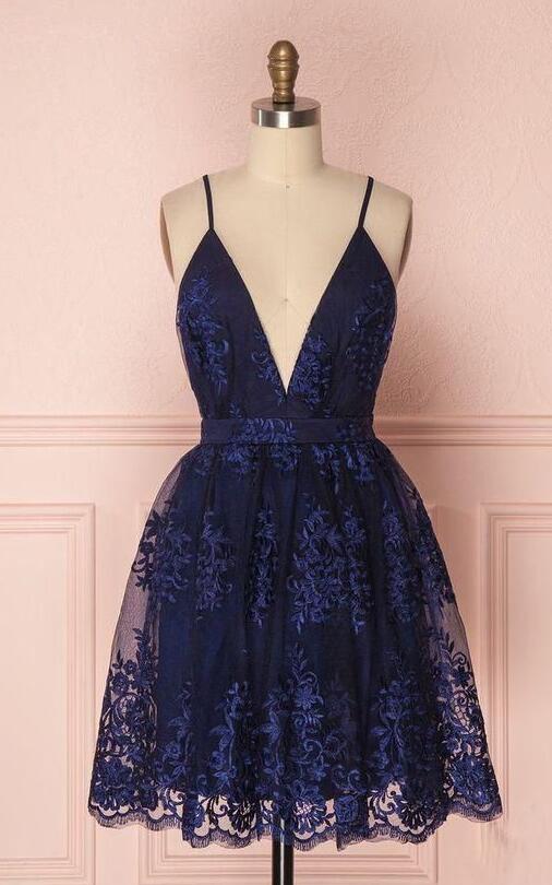 navy blue spaghetti strap dress short Short Navy Blue Homecoming Dress with Sheer Corset Emerald / Large