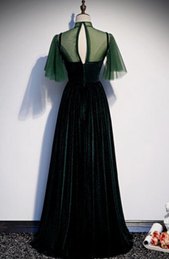 Green V-neckline Velvet Top and Tulle Long Party Dress