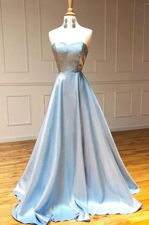 Simple Light Blue Strapless Long Prom Dress